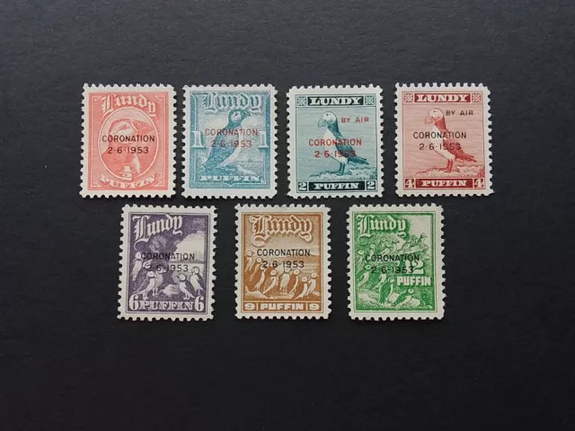 Lundy Island 1953 Coronation Unmounted Mint Set Of Seven Values.