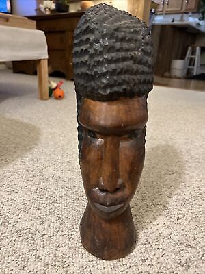 Large Vintage African Solid Wood Head Bust Tribal Sculpture Hand Carved Signed