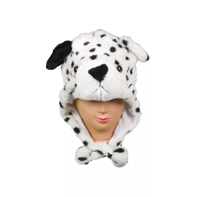 Plush Fleece Animal Hat White Dalmation Dog with Pom Poms Fleece lined