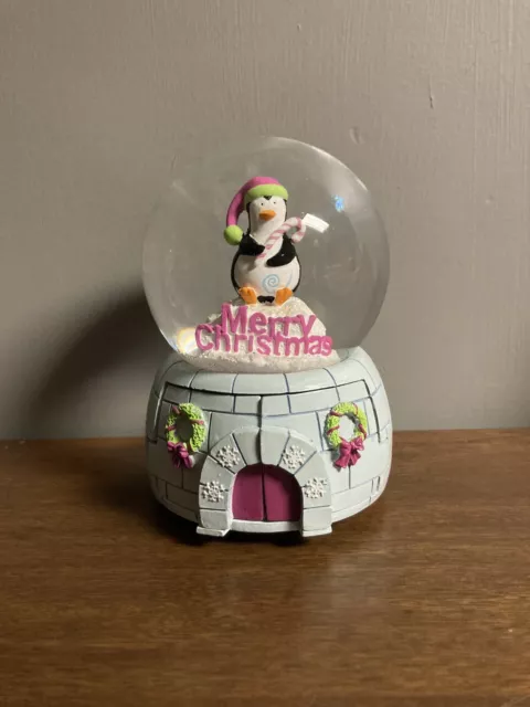 We Wish You A Merry Christmas Sankyo Penguin Snow Globe Musical Box Doors Open