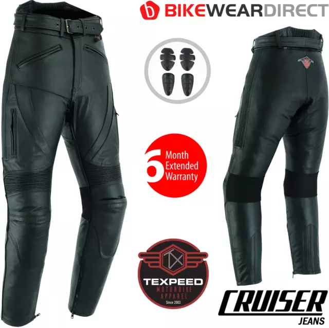 Leather Motorcycle Motorbike Biker Trousers Touring Cruiser Jeans With CE Armour