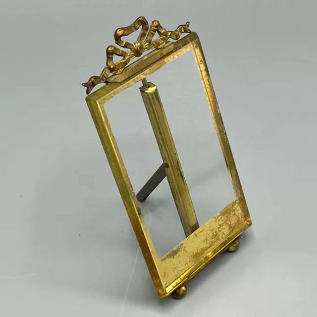Antique Photo Frame Ribbon Bow Crest Brass Gold Easel Frameless Bun Feet Vintage