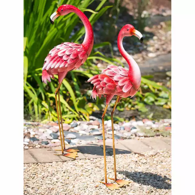 Flamboyant Pair Of Positively Pink Flamingo Metal Garden