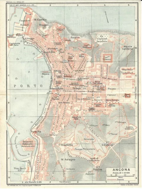 ANCONA Mappa della città del Touring Club Italiano anno 1924 Carta geografica