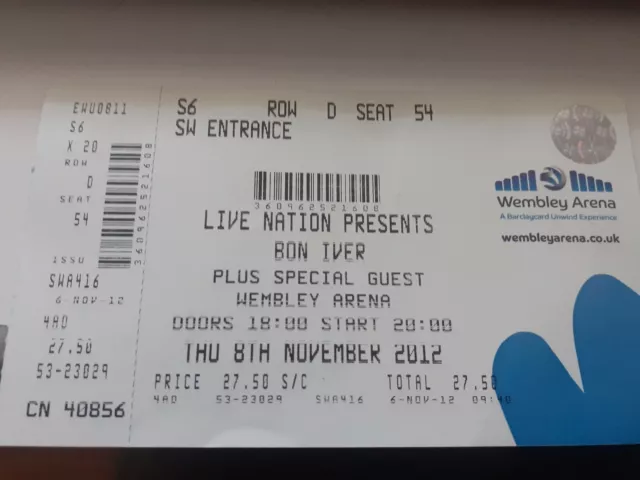 Bon Iver ticket, Wembley Arena, London,  November 2012