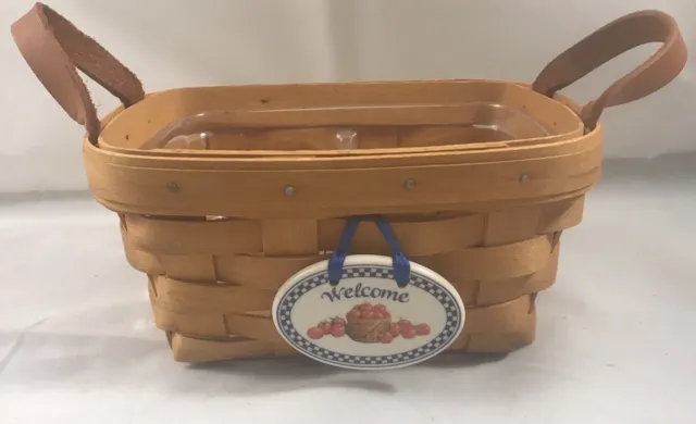 Longaberger Small Basket With Divided Tray Welcome Tie On Leather Handles 2002