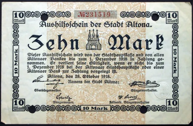 ALTONA 1918 10 Mark Grossnotgeld Banknote Germany WWI Hamburg Notgeld