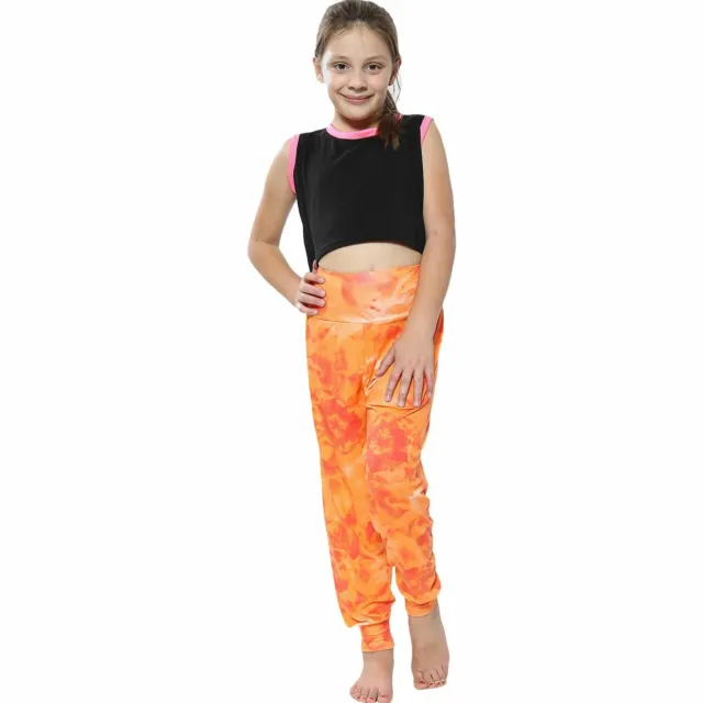 Leggings moda arancione bambina Ali Baba harem cravatta stampa colorante 5-13 anni