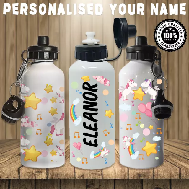 Custom Printed Unicorn Your Name Rainbow Water Bottle Kids School Sports Gifts