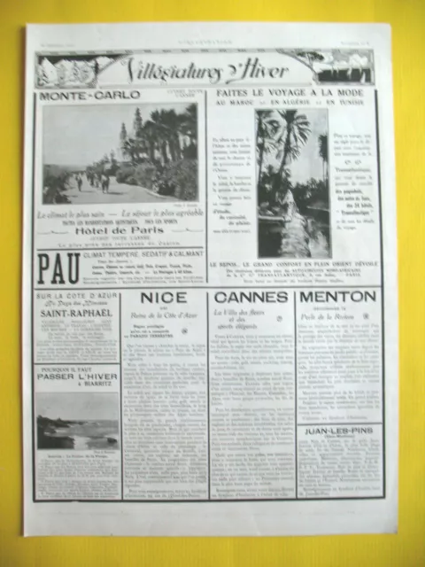 PUBLICITE DE PRESSE VILLEGIATURES D'HIVER TOURISME MONTE-CARLO PAU NICE etc 1922