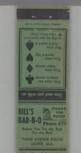 Matchbook Cover - Playing Card Suit - Bill's Bar-B-Q Jasper, AL