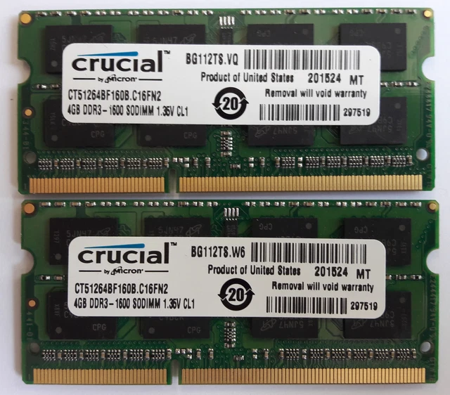 8GB (2X4GB) CRUCIAL DDR3L-1600 (PC3-12800) SODIMM (CT51264BF160B