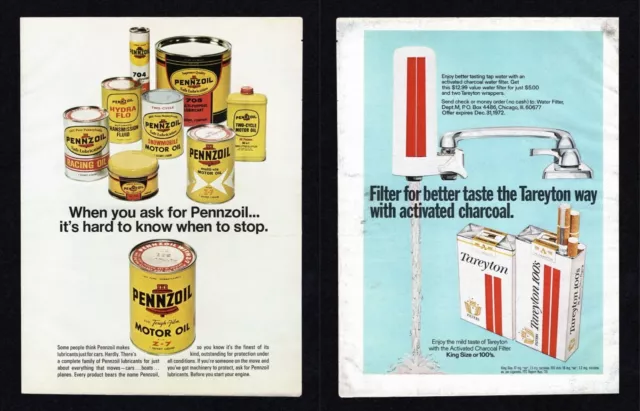 1971 Pennzoil Motor Oil Z-7 Tareyton Cigarettes Outdoor Life Print Ad Vintage