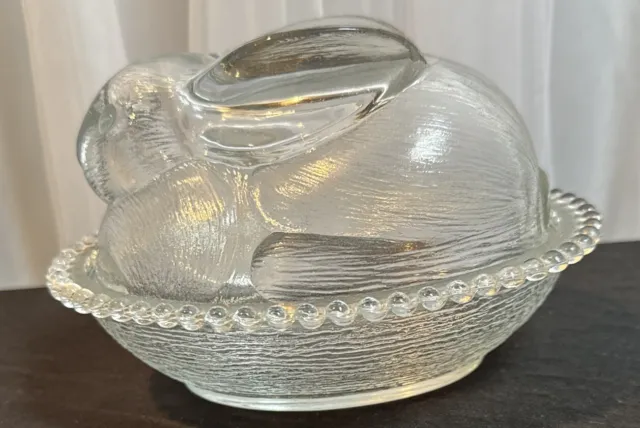 Vintage Indiana Clear Covered Glass Nesting Rabbit Easter Bunny Candy Dish 7in