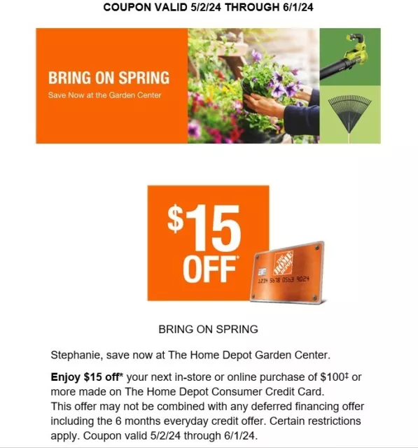 Home Depot Coupon - $15 OFF $100 IN-STORE or ONLINE Exp June 01 2024 HD CC Card