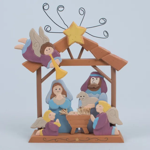 Hand Painted Whimsical Wooden Kids Nativity Manger Scene One Piece