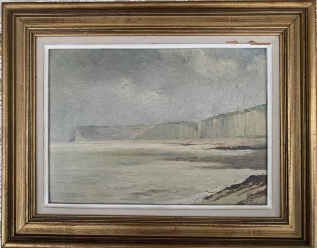 Tableau ancien huile paysage vagues falaises Normandie post impressionniste