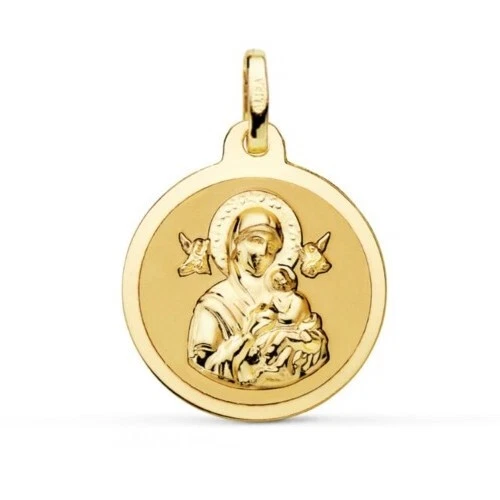 Pendente Oro 18k 750 Mls. Medaglia Vergine Perpetuo Rilievo 18 Mm. 2,20 Grammi