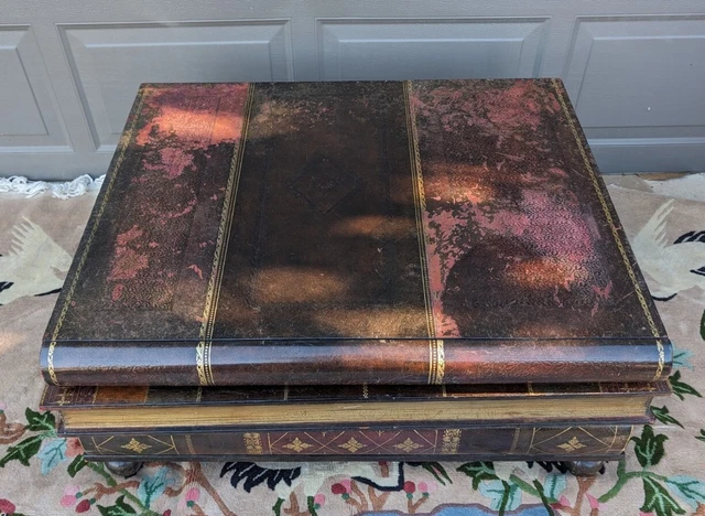 Vintage 80's Maitland Smith "Tromp L'oeil"  Book Leather 3 Drawer Coffee Table