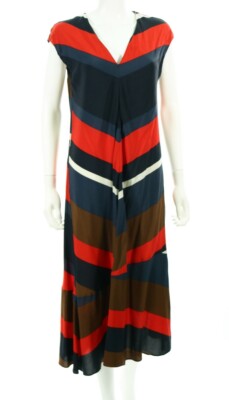 Zara Basic Womens V-Neck Red & Navy Striped Maxi Sun Shift Dress Size Medium