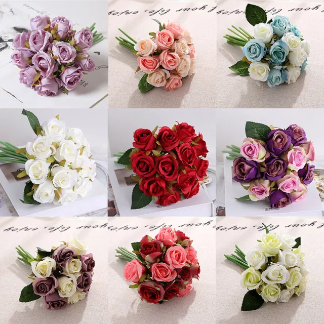 12 Heads Artificial Flowers Silk Rose Fake Bouquet Party Wedding Home Decoration