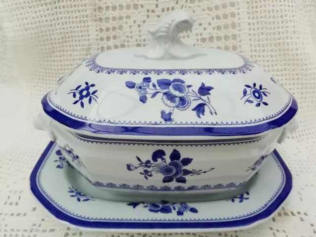 Antique Spode Gloucester Blue Small Lidded Vegetable Tureen & Plate