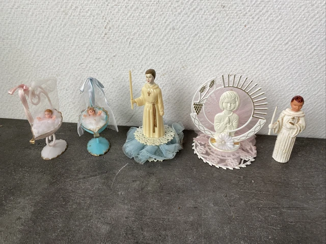 5 Anciens Sujet Figurine Plastique Gâteau Baptême Communion Vintage