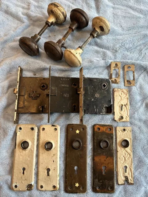 VTG Door Knob Set Lot Locks Faceplates Locks Farmhouse Shabby Chic Parts Plates