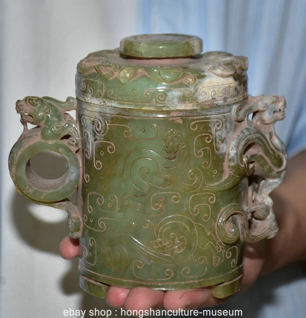 5.6" Old Chinese Hetian Jade Nephrite Carved Dragon Pi Xiu Beast Wine Cup Statue