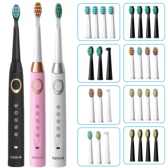 Fairywill Sonic Rechargeable Electric Toothbrush 5 Modes Kids Adults Brush Heads