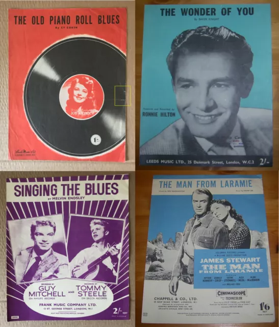 Menge 4 Stück Vintage Noten für Klavier: Musicals/Blues. Sehr guter Zustand 1950er Jahre.