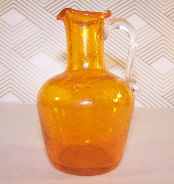 Vintage Handblown Orange  Pilgrim Crackle Glass Mini-Pitcher 4.5 inches tall