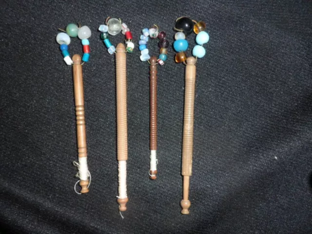 Four Vintage Wood Lace Bobbins With Crystals