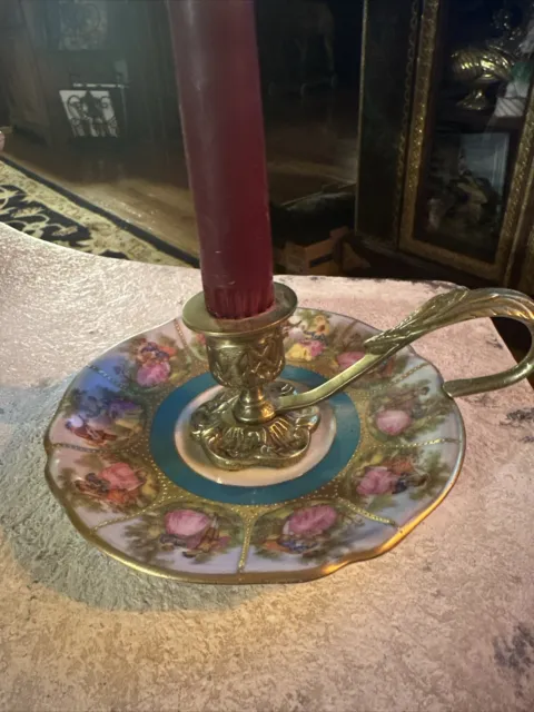 Antique Bavaria Waldershof Germany Candle Holder Porcelain Brass Rare Victorian