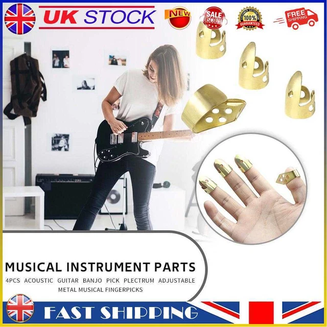 Adjustable 3 Finger Picks + 1 Thumb Pick Acoustic Guitar Banjo Pick (Gold) #gib