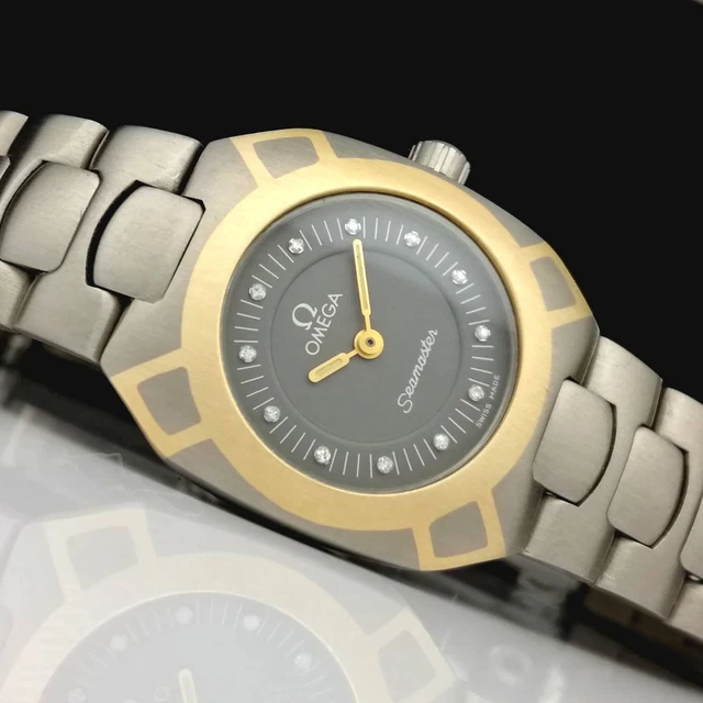 Omega Seamaster Polaris Titan 12P Diamante Nero Quarzo Donna Orologio Autentico
