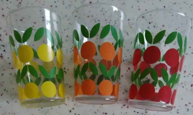 3 Vintage 50s Glass Fruit Leaf Print Drinking Tumblers Kitsch Retro Mid Century