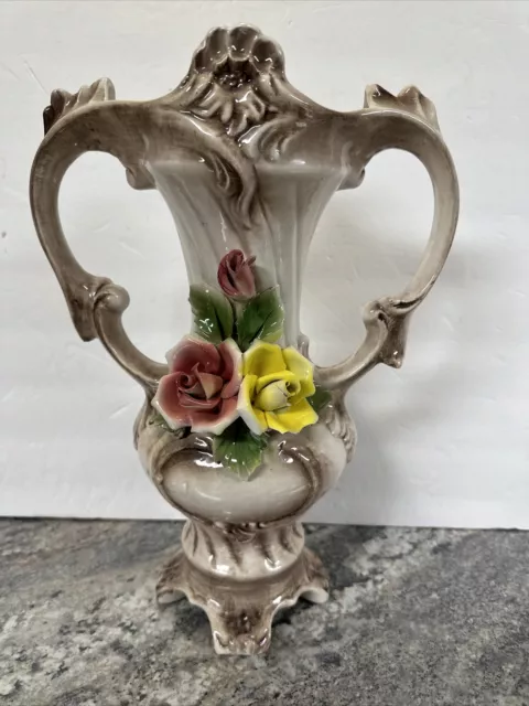 Napoleon Capodimonte Italy Porcelain Large Double Handle Footed Vase 15" Roses