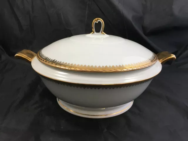 Antique Limoges France covered dish porcelain soup Tureen Gold White