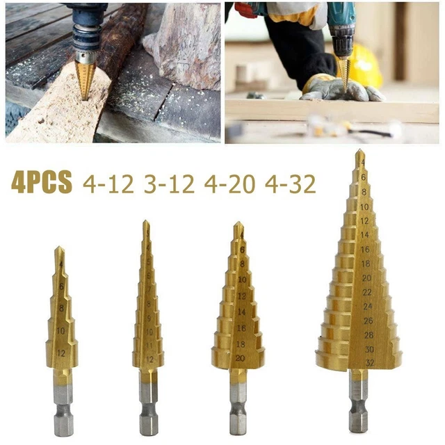 Step Drill Bit Pied Titane Trou 3-12/4-12/20/32mm 4Pcs Mèche Cône Fiable