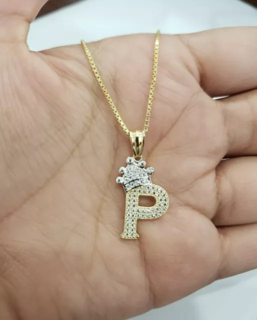 Real 10k Yellow Gold Crown Initial Alphabet Letter P Pendant Charm King Chain