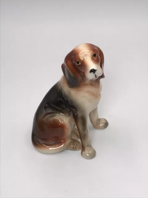 VTG Beagle or Hound Sitting Dog Figurine Japan Glossy Brown Gray Ceramic Glaze