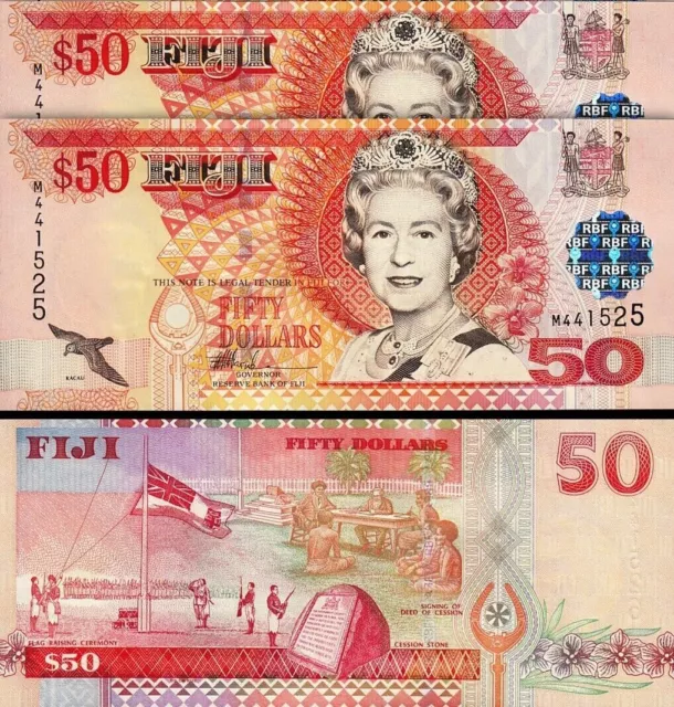 Fiji 50 Dollars 2002, UNC, 2 Pcs PAIR, Consecutive, P-108a, Queen Elizabeth II