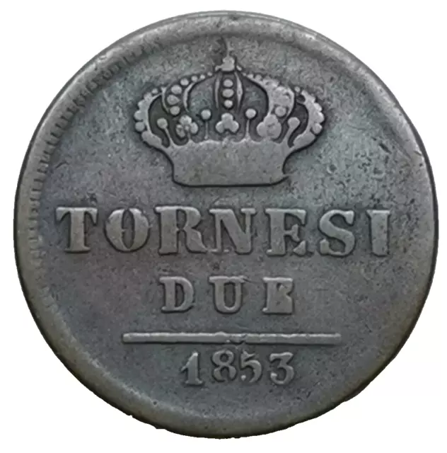 Ferdinando II - 2 Tornesi 1853 KINGDOM of the TWO SICILIES (676G)