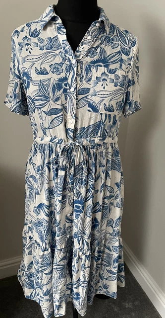 FLORENCE AND FRED White Blue Floral Tiered Shirt A Line Midi