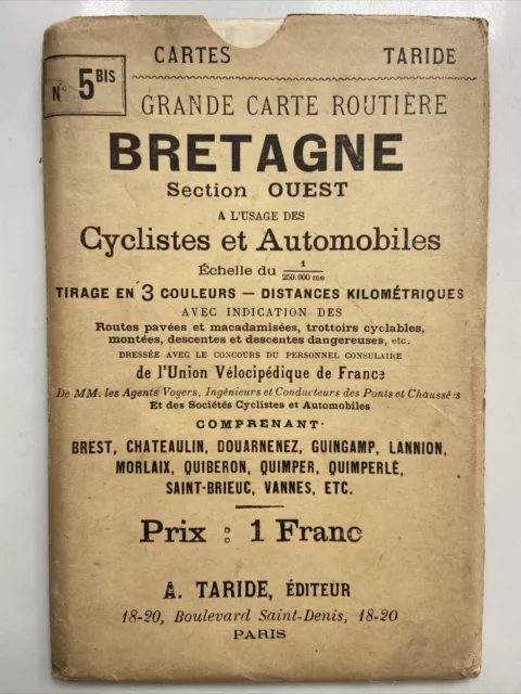c 1920s Cartes Taride Map Grande Carte Routiere Bretagne No 5 Section Ouest Map