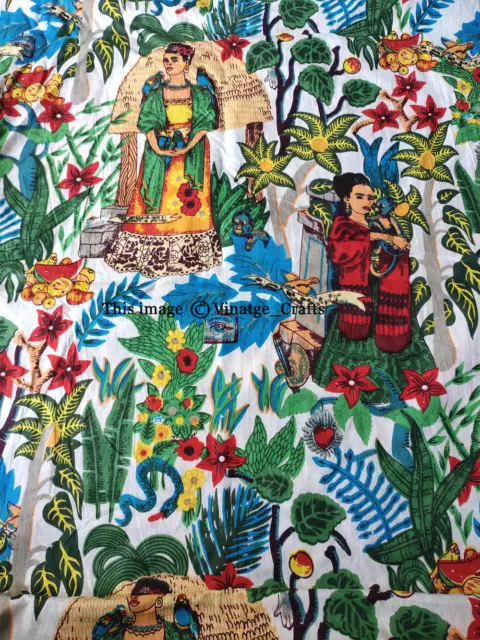 Lotto Di Multicolore Handmade Cotone Indiano Bianco Frida Kahlo Stampato Tessuto
