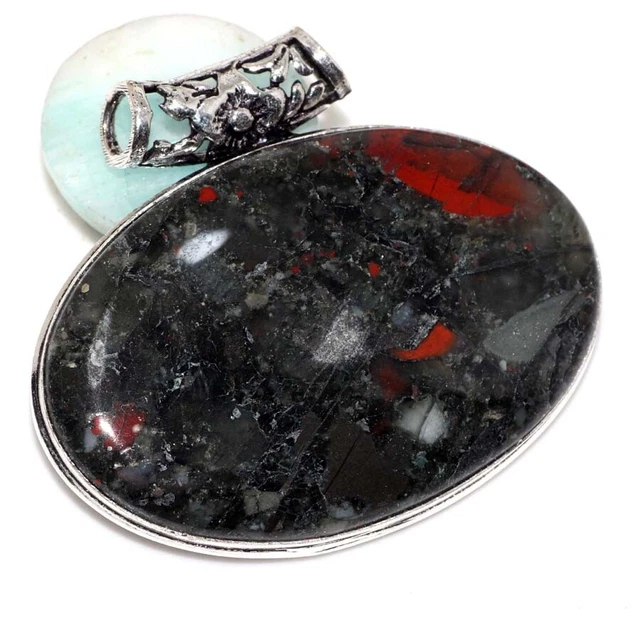 Bloodstone 925 Silver Plated Gemstone Pendant 1.6" Promise Gift for women GW