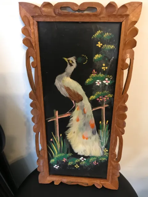 Vintage folk art mexican feathercraft peacock wall hanging craved frame