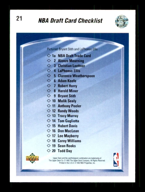 1992 BASKETBALL UD NBA Draft Card Checklist DPK, CL Denver Nuggets #21 ...